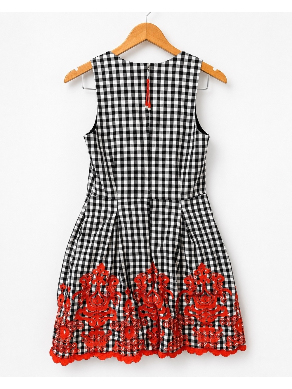 Laundry by Shelli Segal Gingham Plaid Embroidered Dress Black White Red Size 6 - Picture 6 of 6